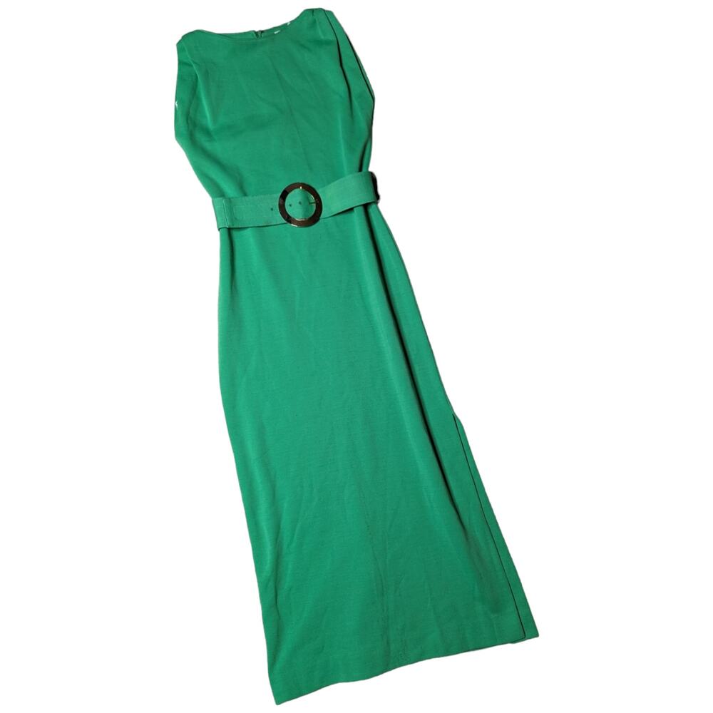 Vintage 1970s Alison Ayres Kelly Green Sleeveless Belted Maxi Sheath Dress 10